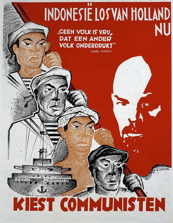 Red election poster Indonesia free from Holland now – Vote communist, with workers, sailors and Lenin