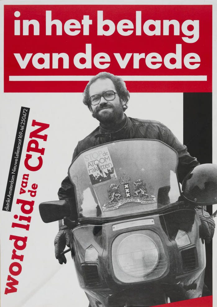 CPN poster In the interest of peace: Job Pruijser on a motorcycle, with the text Join the CPN
